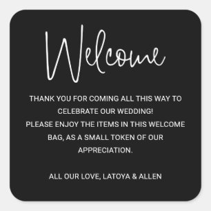 Black Modern Wedding Welcome Gift Bag Basket Square Sticker