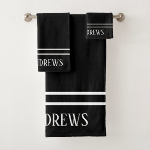 Black Modern White Stripes Monogrammed Name Custom Bath Towel Set
