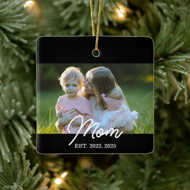 Black Mom Established Script Photo Ceramic Ornament (Tree)