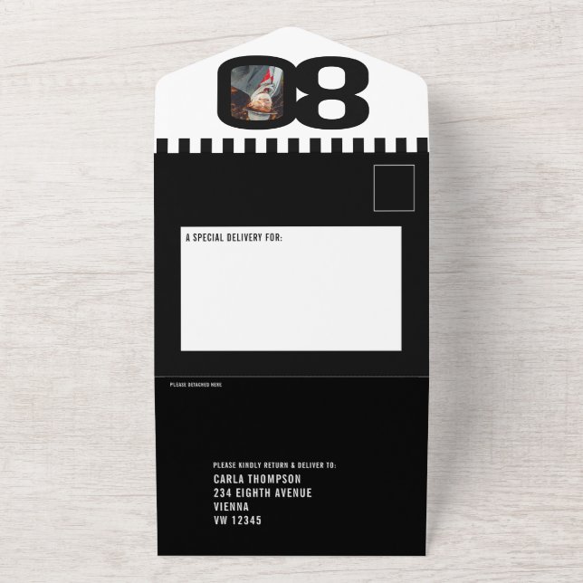 Black mono photo circles stripes 80th Birthday All In One Invitation (Outside)