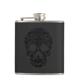 Black Monochromatic Floral Sugar Skull Hip Flask