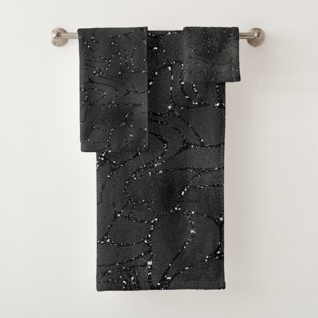 Black monochromatic glittery background bath towel set (Insitu)