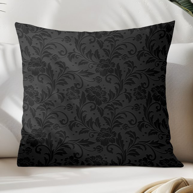 Black Monochromatic Vintage Damask Pattern Cushion (Creator Uploaded)