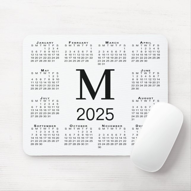 Black Monogram 2025 Calendar on White Mouse Pad (With Mouse)