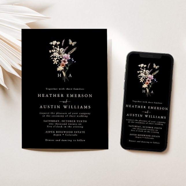 Black Monogram Boho Floral Wedding Invitation (Black Boho Floral Monogram Boho Floral Wedding Invitation by Painted Paperie
)