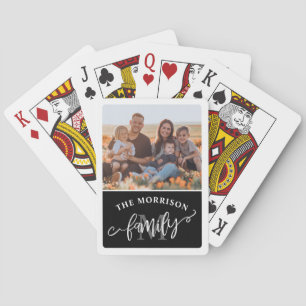 Black Monogram Brush Script Family Photo Playing Cards