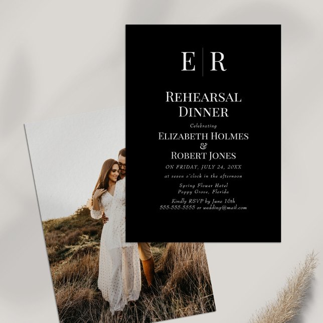 Black Monogram Custom Photo Rehearsal Dinner Invitation (Black Monogram Custom Photo Rehearsal Dinner Invitation on a table with dry wildflower)