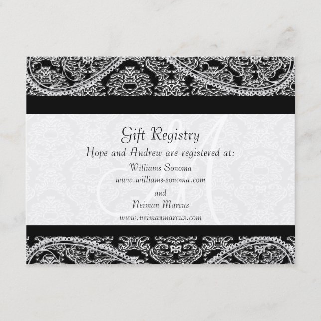 Black Monogram Damask Gift Registry Wedding Enclosure Card (Front)