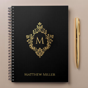 Black Monogram Elegant Ornate Faux Gold Crest Name Notebook