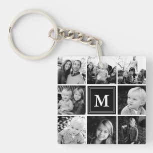 Black Monogram Family Photo Collage Key Ring