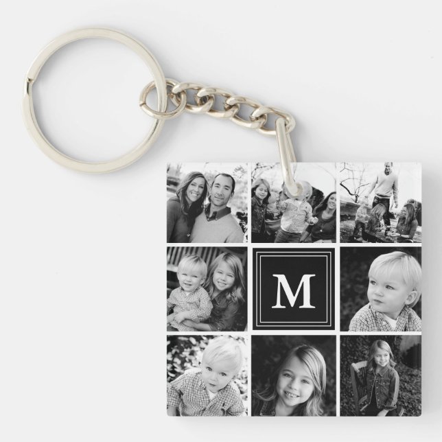 Black Monogram Family Photo Collage Key Ring (Front)