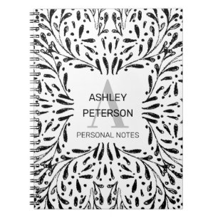 Black Monogram floral girly cute personalised Notebook