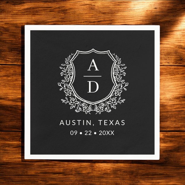 Black Monogram Floral Wedding Crest Napkin (Creator Uploaded)