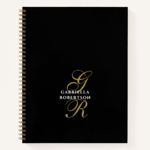 Black Monogram Gold Initials White Name Elegant Notebook