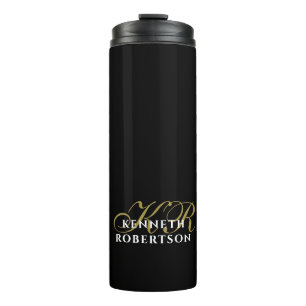 Black Monogram Gold White Minimalist Elegant Men Thermal Tumbler