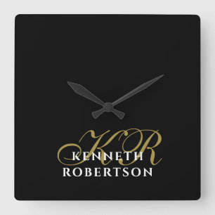 Black Monogram Gold White Minimalist Modern Men Square Wall Clock