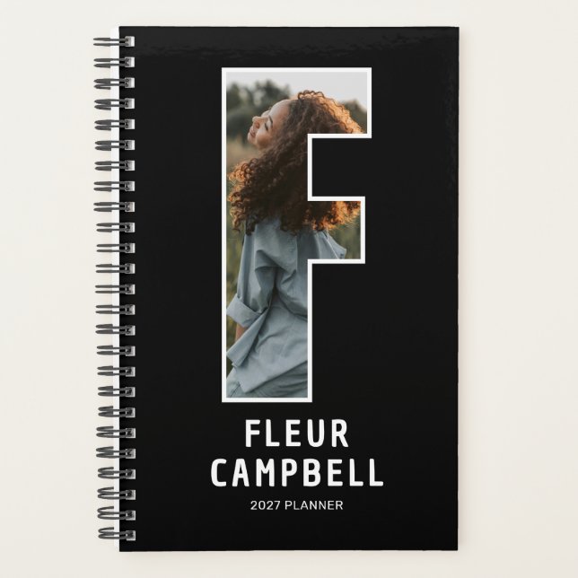 Black Monogram Initial 'F' Photo Planner (Front)