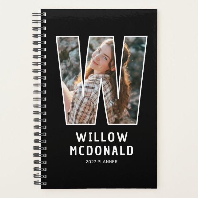 Black Monogram Initial 'W' Photo Planner (Front)