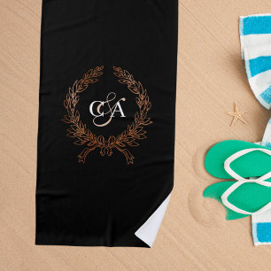 Black monogram initials wreath rose gold honeymoon beach towel