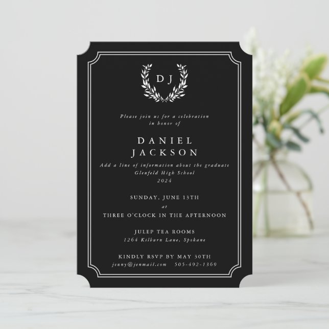 Black Monogram Laurel Wreath Graduation Invitation (Standing Front)