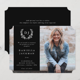 Black Monogram Laurel Wreath Graduation Photo Announcement
