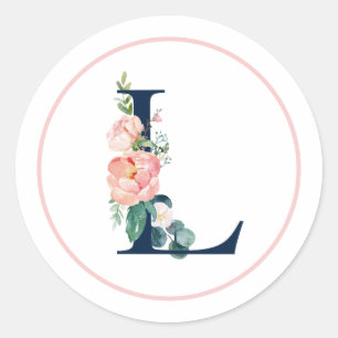 Black Monogram Letter L with Pink Flower Classic Round Sticker