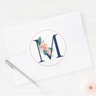 Black Monogram Letter M with Pink Flower Classic Round Sticker