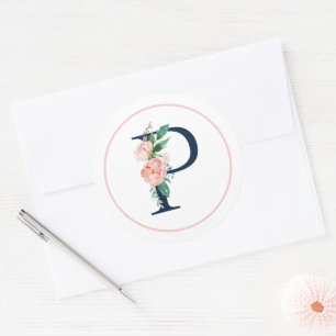 Black Monogram Letter P with Pink Flower Classic Round Sticker