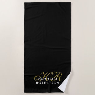 Black Monogram Minimalist Gold White Elegant Men  Beach Towel