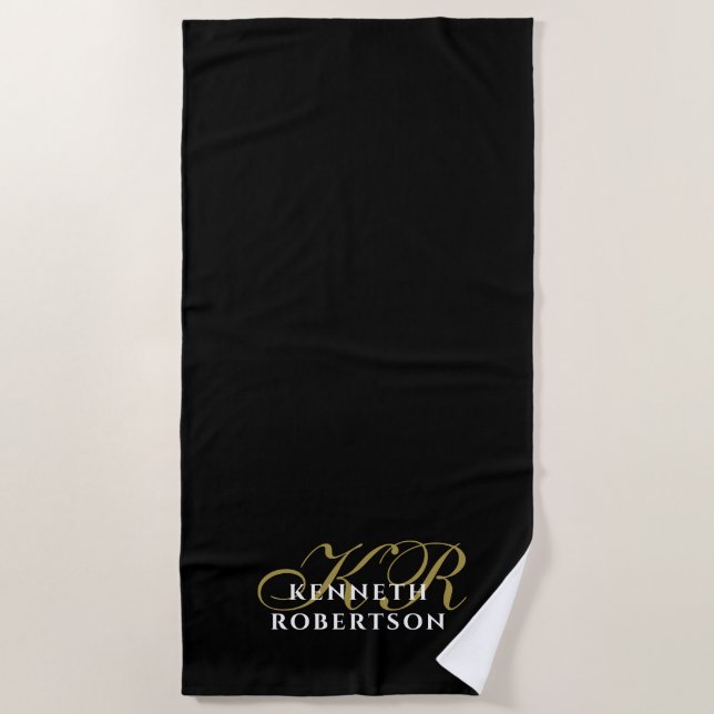 Black Monogram Minimalist Gold White Elegant Men  Beach Towel (Front)