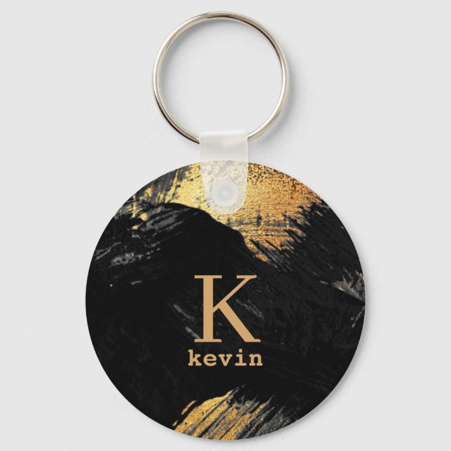 Black monogram name personalised elegant modern key ring (Front)