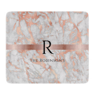 Black Monogram & Name, White & Rose Gold Marble Cutting Board