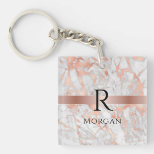 Black Monogram & Name, White & Rose Gold Marble Key Ring