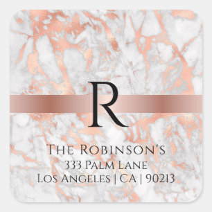 Black Monogram & Name, White & Rose Gold Marble Square Sticker