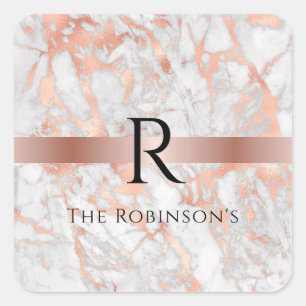 Black Monogram & Name, White & Rose Gold Marble Square Sticker