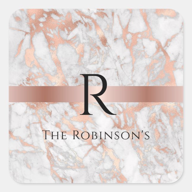 Black Monogram & Name, White & Rose Gold Marble Square Sticker (Front)