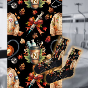 Black Monogram Nurse Autumn Essentials Crew Socks