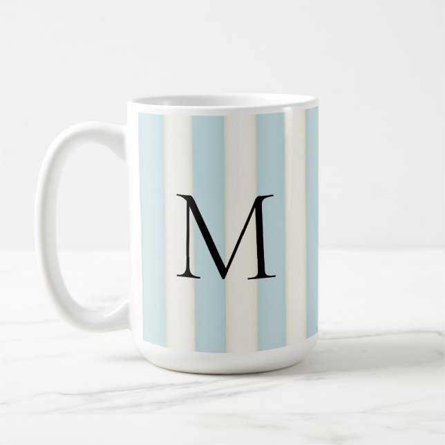 Black Monogram on Blue & Antique White Stripe Coffee Mug (Left)