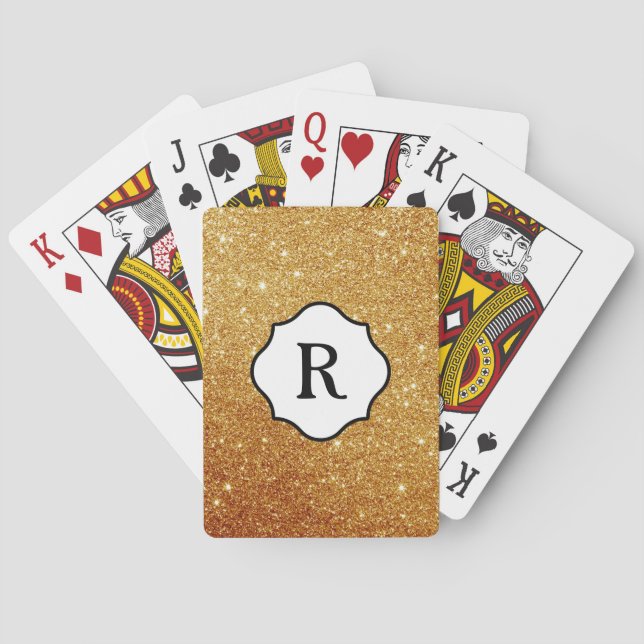 Black Monogram on Orange Gold Glitter Playing Cards (Back)