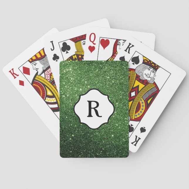 Black Monogram on Sparkling Dark Green Glitter Playing Cards (Back)