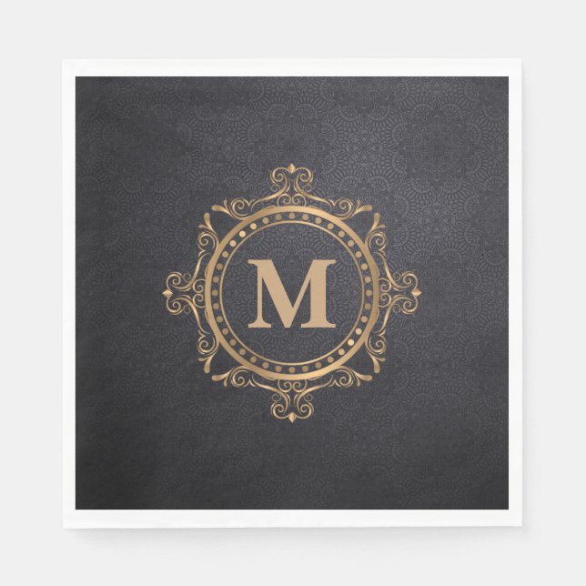 Black monogram ornamental mandala design napkin (Front)