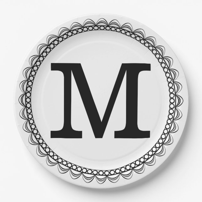 Black Monogram Personalised Paper Plate (Front)