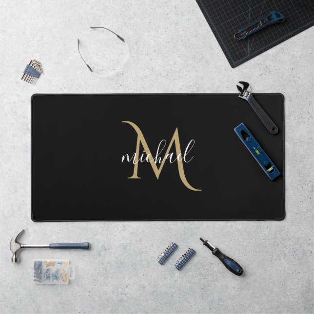 Black Monogram Personalsed  Desk Mat (Workstation)