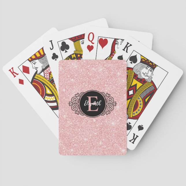 Black Monogram Pink Glitter Playing Cards (Back)