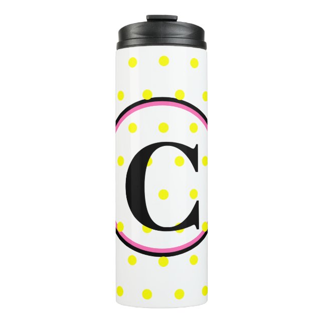 Black Monogram Pink Yellow Polka Dots Thermal Tumbler (Front)