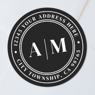 Black Monogram Return Address Classic Round Sticker
