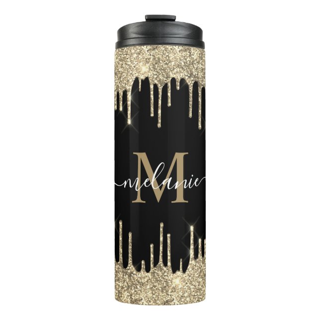 Black Monogram Script Name Gold Glitter Drip Thermal Tumbler (Front)