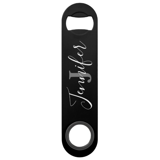 Black Monogram Stylish Speed Bottle Opener (Front)