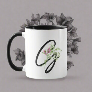 Black Monogram Typography "G" Elegant Flowers  Mug