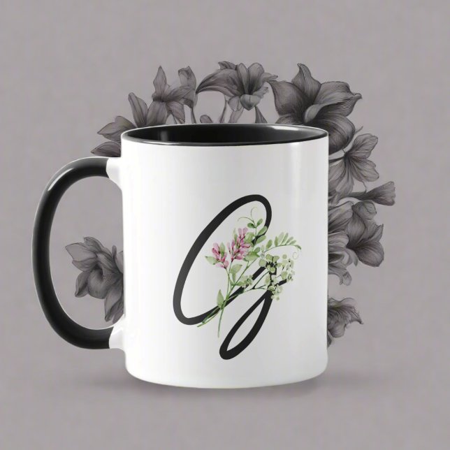 Black Monogram Typography "G" Elegant Flowers  Mug (Creator Uploaded)